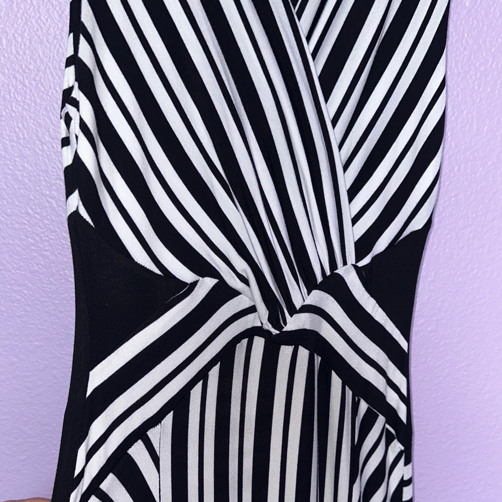 REMAIN Black and White Striped Dress with side slit and flattering wrap